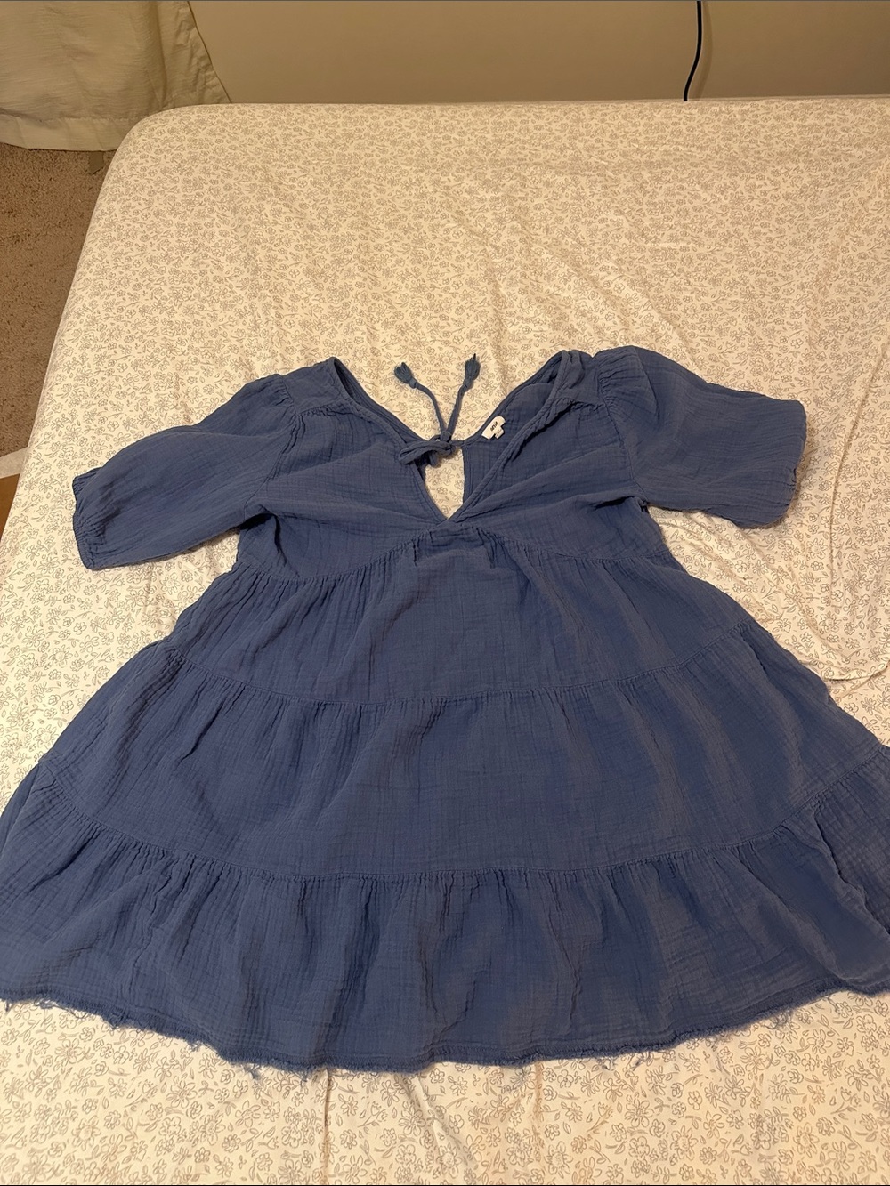 Blue Tiered Cotton Dress with Tied Back